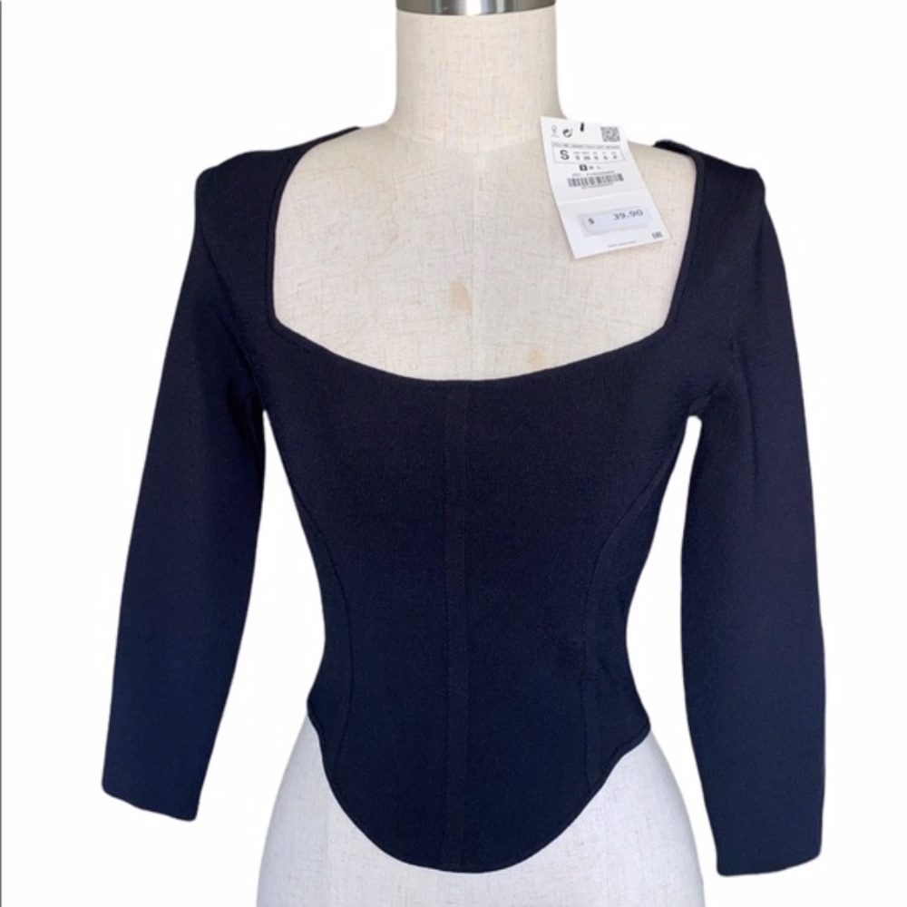New Zara Black Knit Sleeve Corset Seaming Crop Top